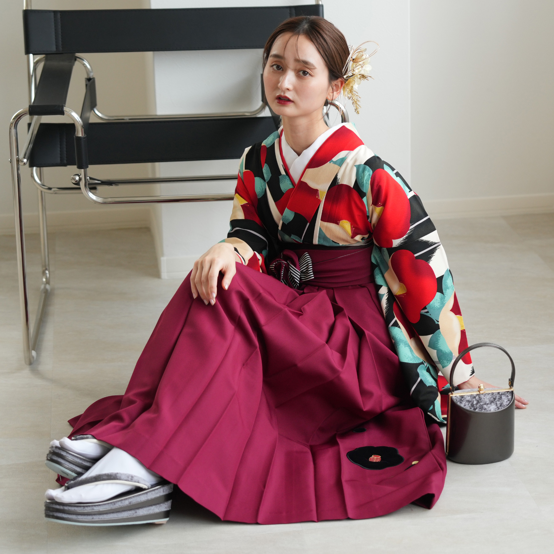 袴 レンタル 卒業式 2尺袖着物 17点セット 紅一点 レトロ モダン 袴