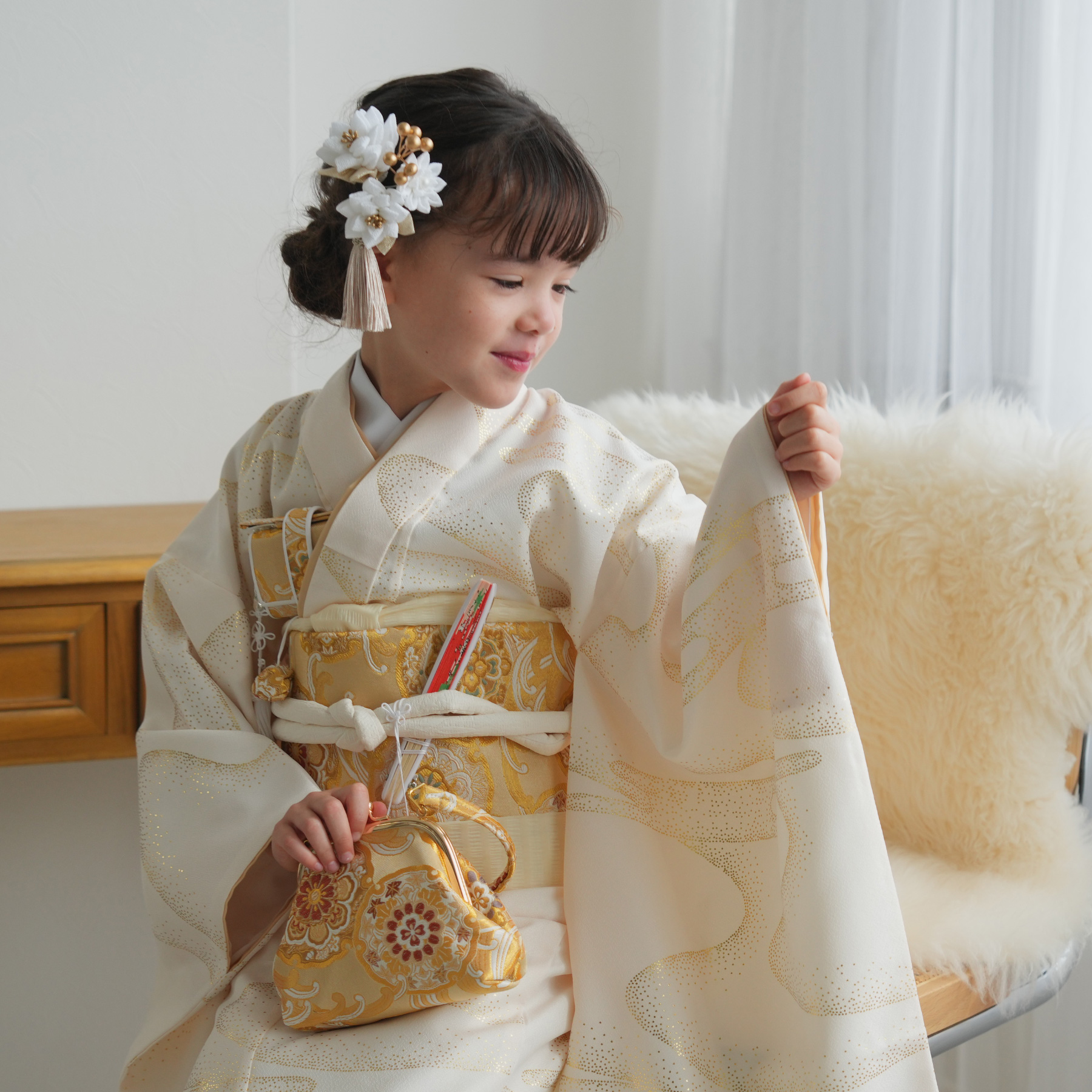 レンタル 七五三 着物 7歳 ひよこ商店 女の子 四つ身 クリーム金彩