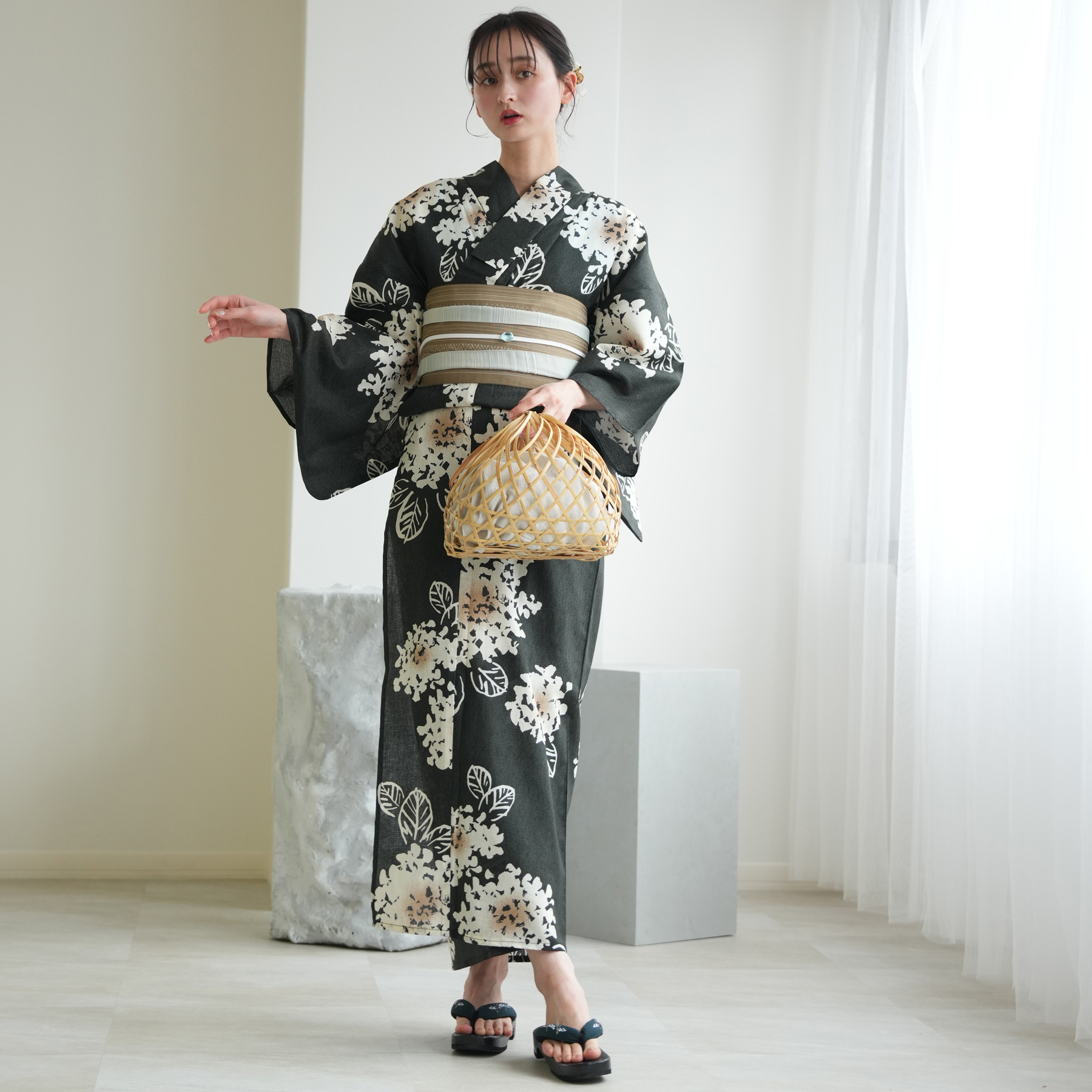 utatane 浴衣 レディース セット 高級変わり織 浴衣3点セット 苔色の