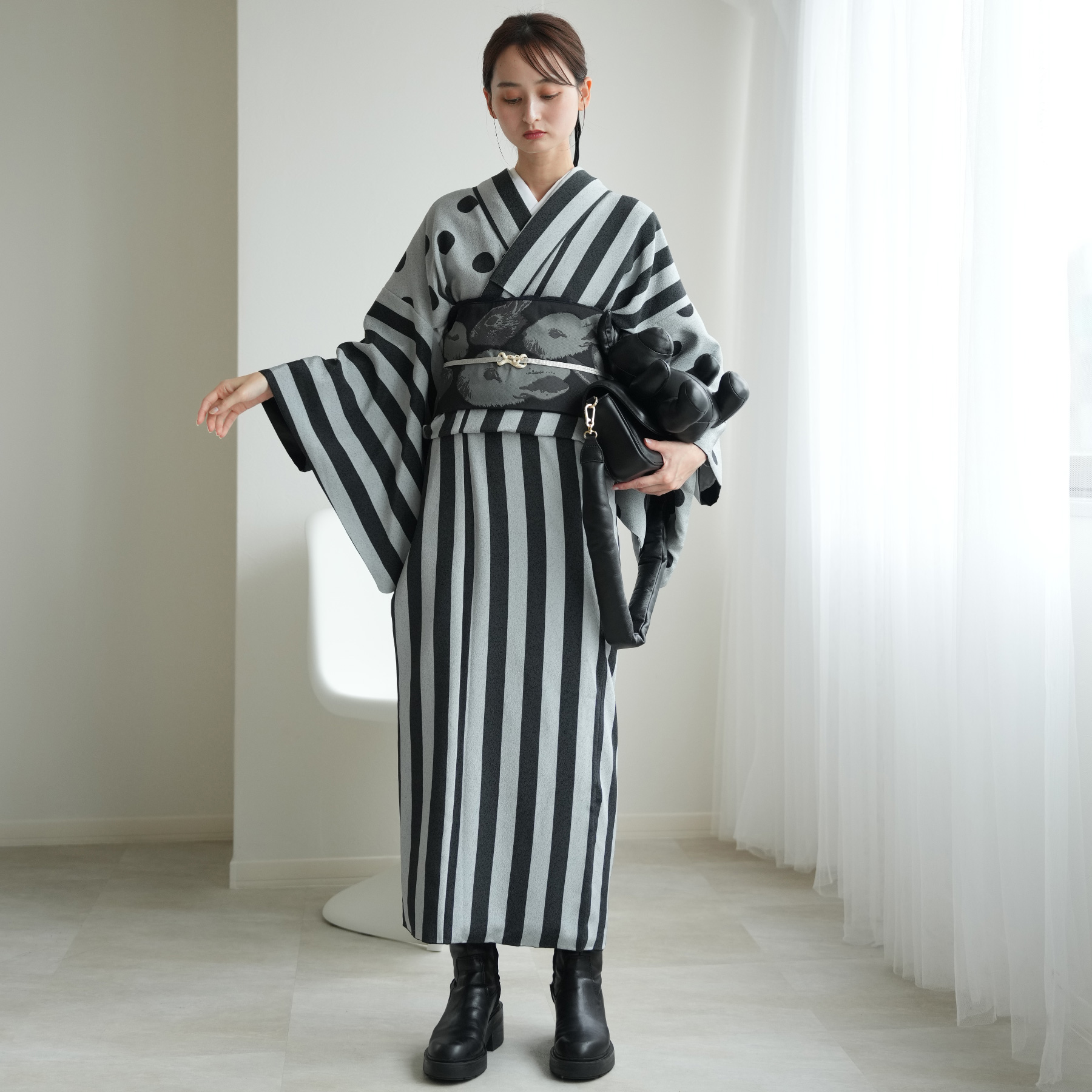 utatane 着物 ポリエステル 単品 レトロ モダン モード ストライプ