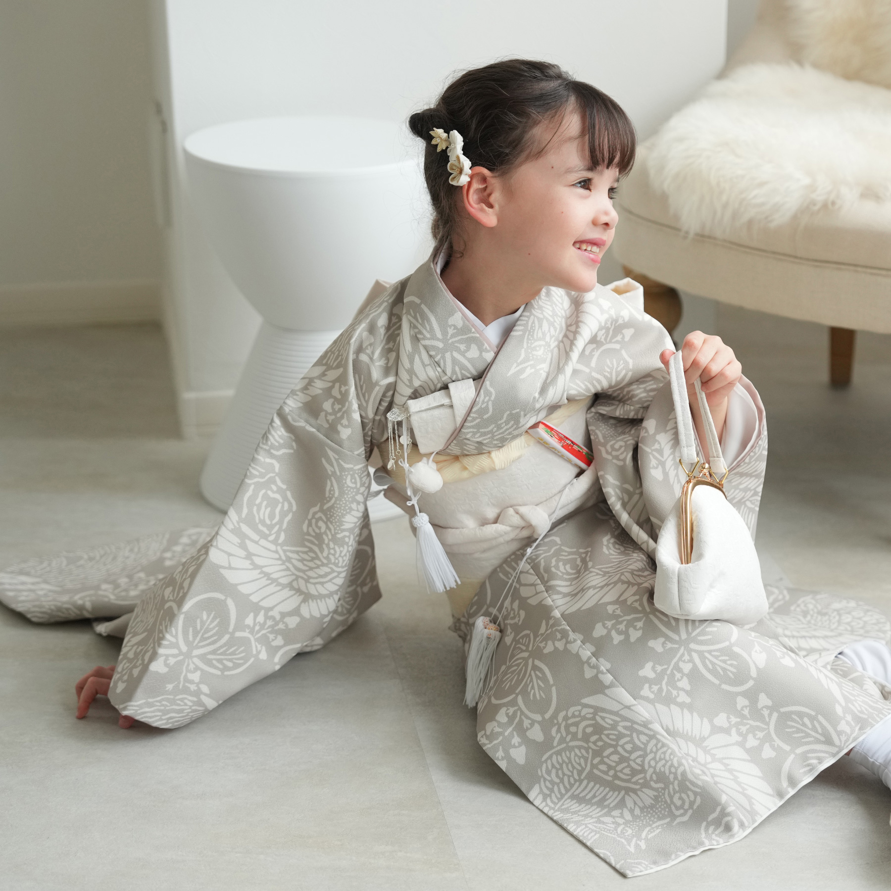 七五三 着物 7歳 フルセット 購入 ひよこ商店 女の子 四つ身 灰緑鳳凰