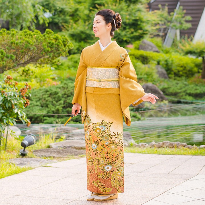 レンタル フルセット 高級正絹 訪問着 HO-FU318 芥子色 辻が花風 結婚