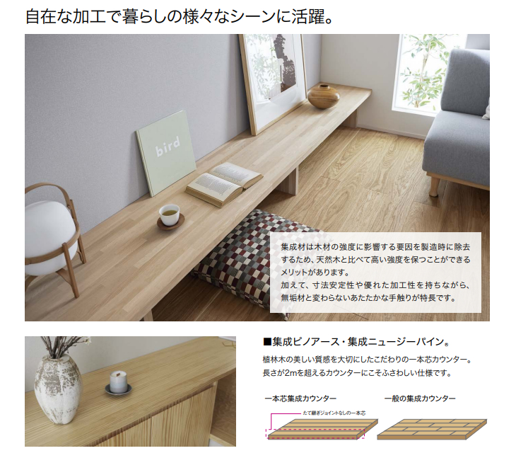 ウッドワン 集成材カウンター 1本芯ニュージーパイン H型 30mm厚 長さ