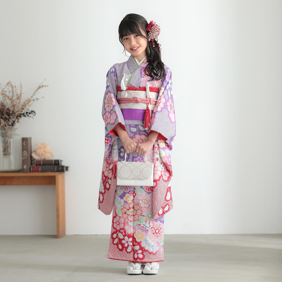 七五三 7歳着物 レンタル フルセット 紫 総絞り花々 女の子 七歳 753