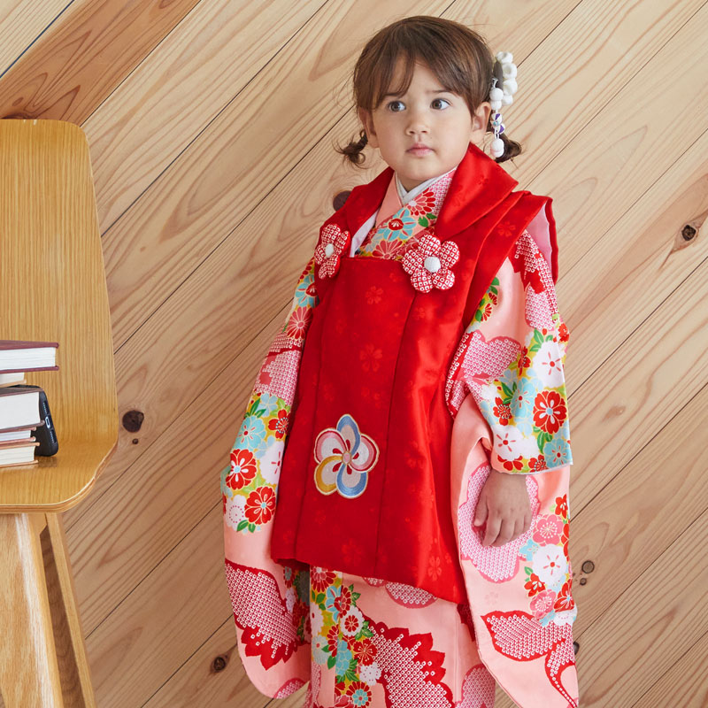 七五三 着物レンタル 3歳 753 女の子 フルセット 被布 赤×ピンク 鶴に