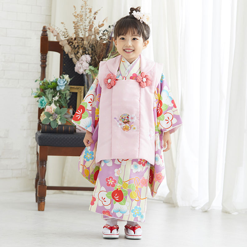 七五三 着物レンタル 3歳 753 女の子 フルセット 被布 ピンク×紫 矢