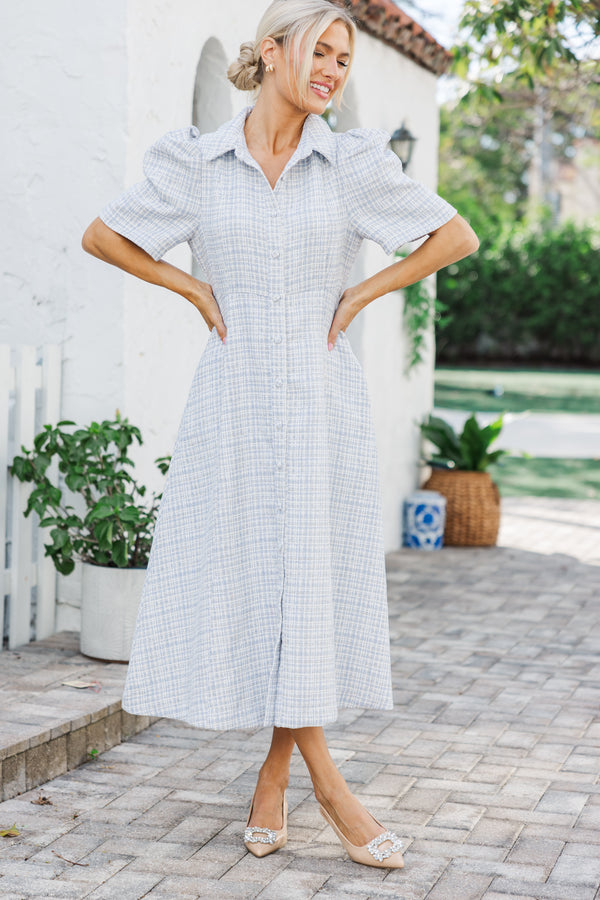Take It As It Is Light Blue Tweed Midi Dress – Shop the Mint