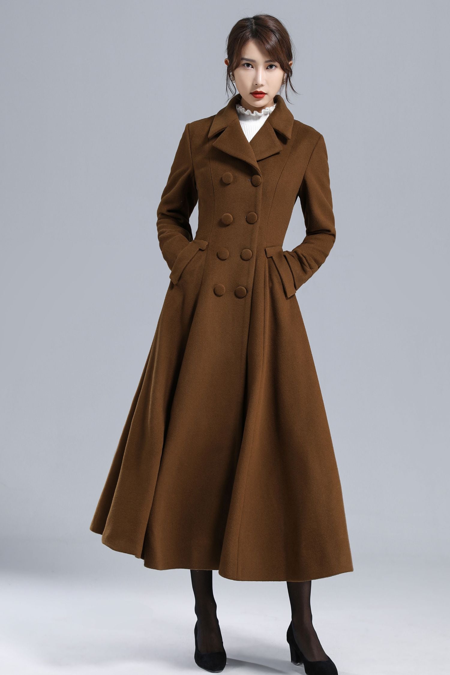 Chocolate Brown Wool Maxi Coat – Double Breasted Overcoat 3238