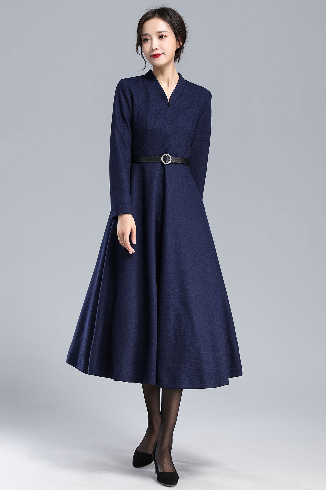 Navy Wool Dress – Handmade Winter Midi with Pockets | Xiaolizi