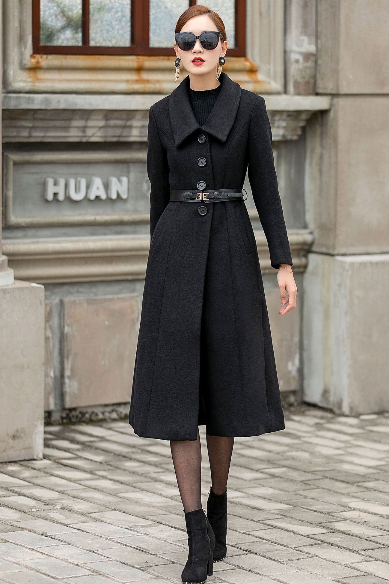 Black Wool Midi Coat for Women | Elegant Winter Overcoat with