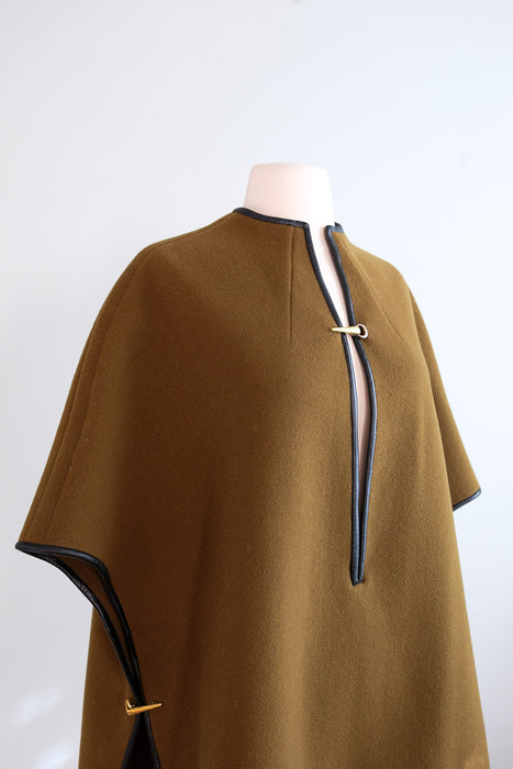 Vintage 1960's Modernist Wool Poncho With Leather Trim / SM