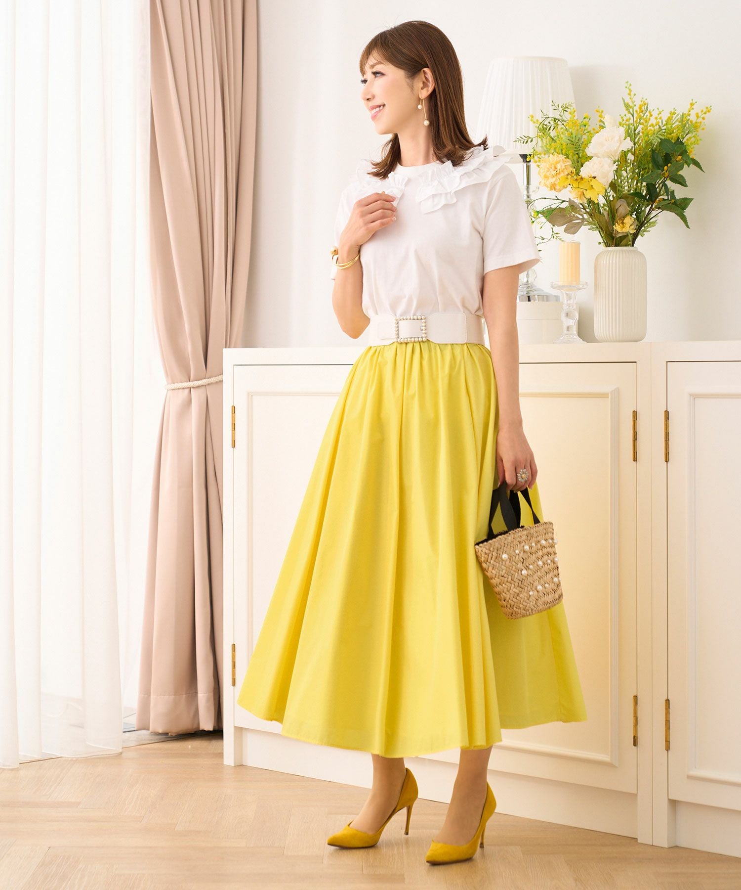 フレア ウエストタック&ゴム仕様 カラー スカート Prima Scherrer 全3