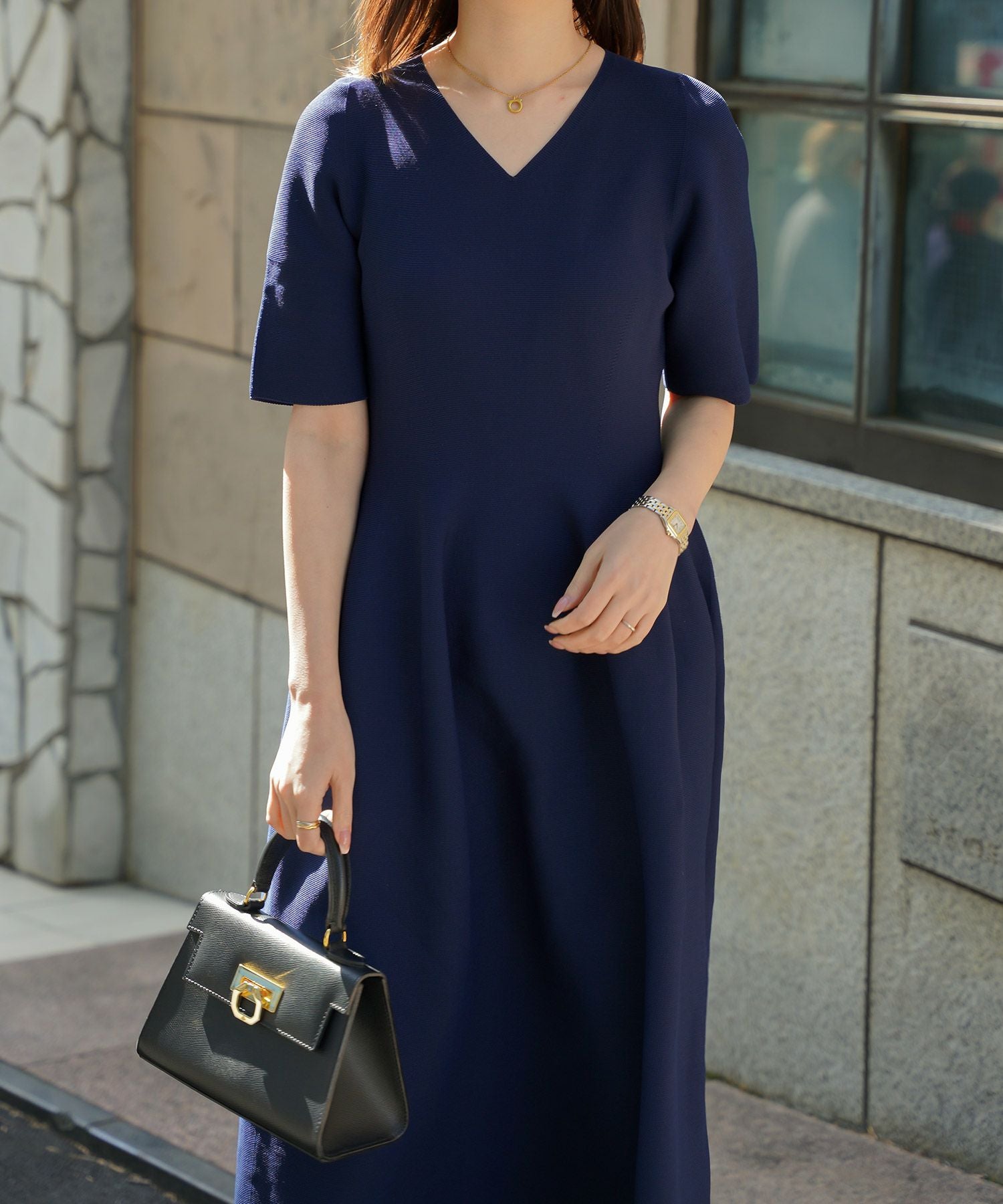 Vネック ホールガーメント ニット ワンピース HUIT 全4色｜hit321-0112