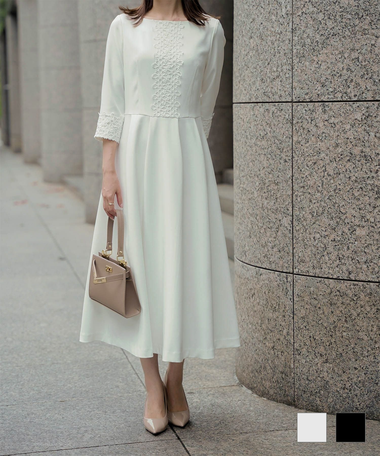 SPRING-SALE レーストリム ダブルクロス ワンピース HUIT 全2色