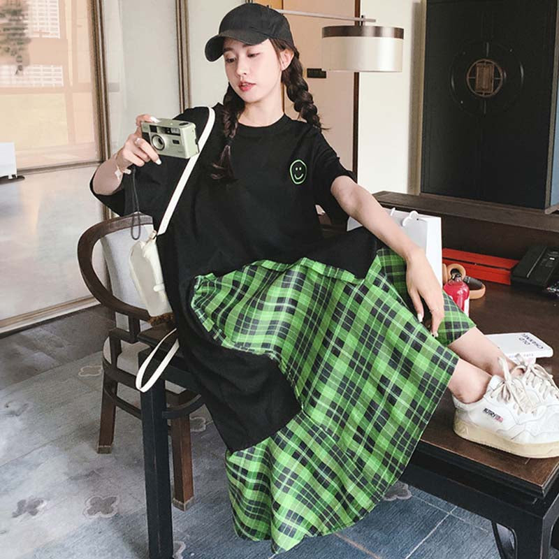 グリーンチェックスカートワンピース（黒・緑）春/夏 Tシャツ素材で