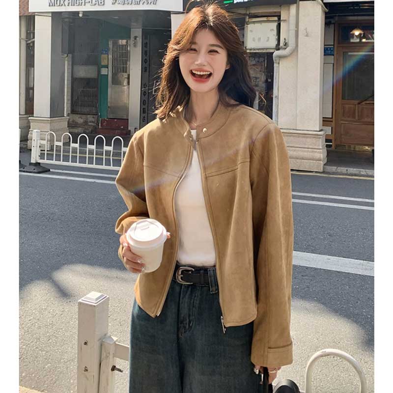 レトロスエードジャケット（ベージュ）春/秋 洗練されたシンプルさ