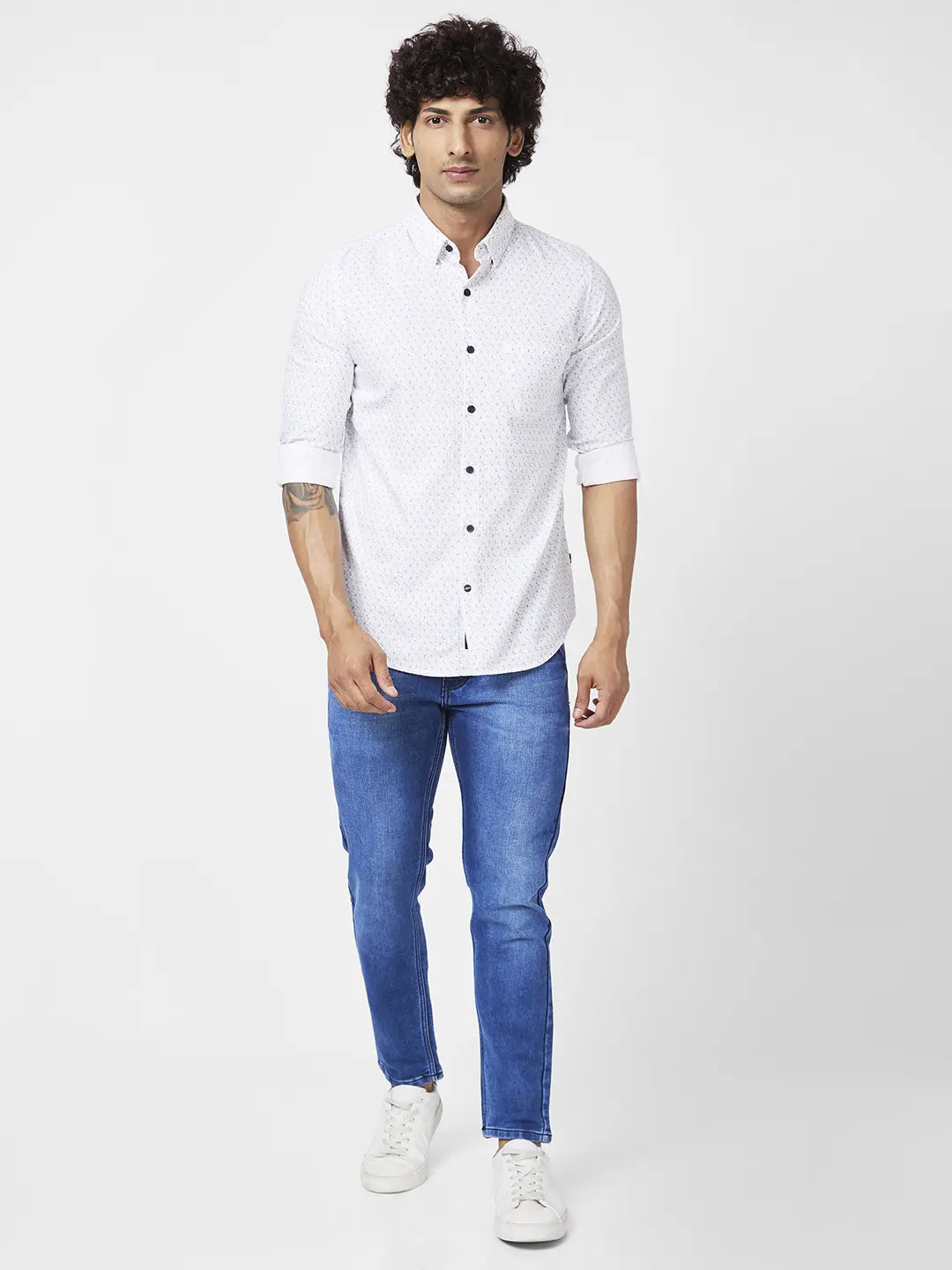 Men White Cotton Regular Slim Fit Full Sleeve Causal Printed Shirt