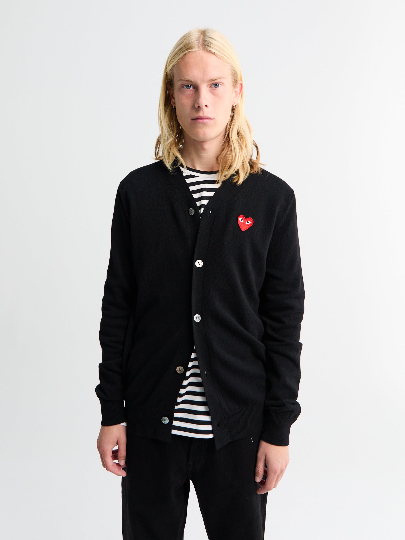 Comme des Garçons PLAY - V-Neck Cardigan with Red Emblem in Black