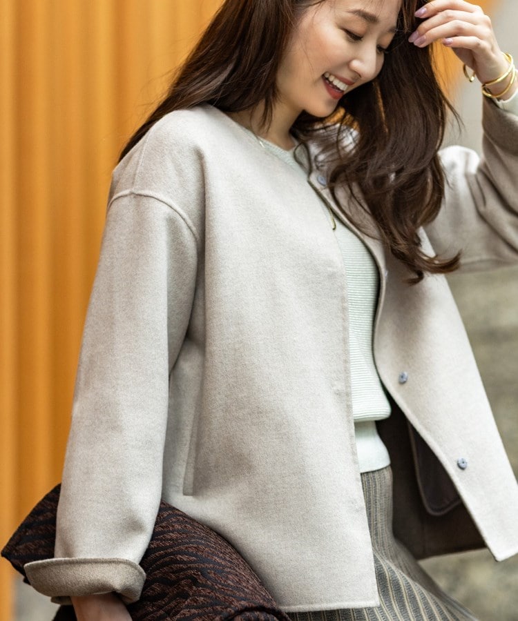 配色デザイン／ショート丈】ウールリバー ノーカラーコート（ノー