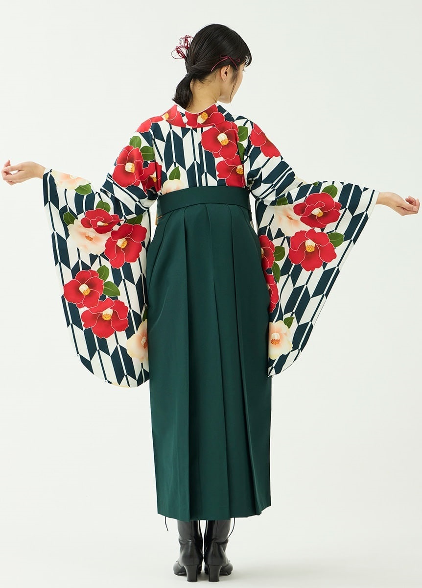 袴レンタルセット「花笑み」矢絣に椿・紺＆無地袴・緑（お取り寄せ品