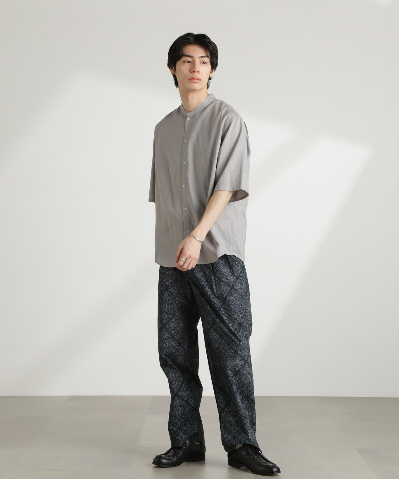 アンチスメル リネン バンドカラー シャツ 半袖