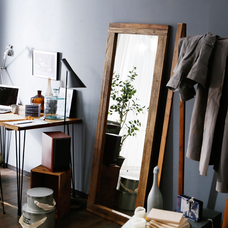 スタンドミラー(ナチュラル)ヴィンテージ風木製フレーム[幅60