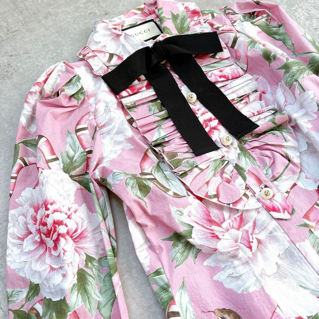美品✨GUCCI 花柄×スネーク フリル リボンシャツワンピース ミニ ブラウス