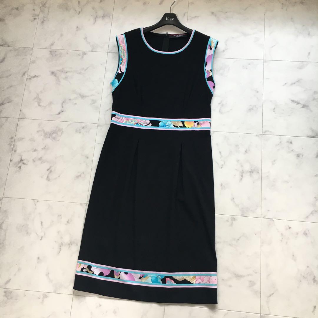 美品　LEONARD レオナール コットン　ストレッチ　ワンピース　L 美品 LEONARD レオナール ストレッチ ワンピース ベルト付 - メルカリ