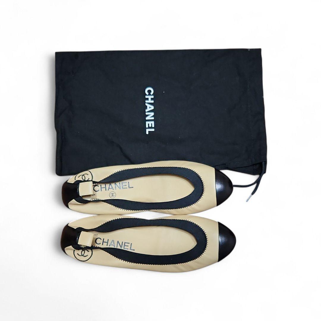 CHANEL ベージュ ブラック バレエシューズ フラットシューズ 36 - メルカリ