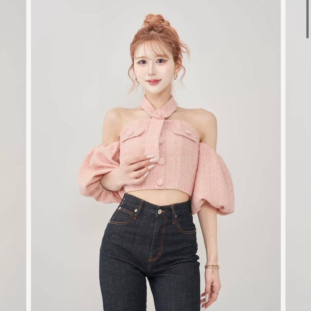 Darich ホルターネックオフショルツイードトップス ピンク ダーリッチ Darich ホルターネックオフショルツイードトップス