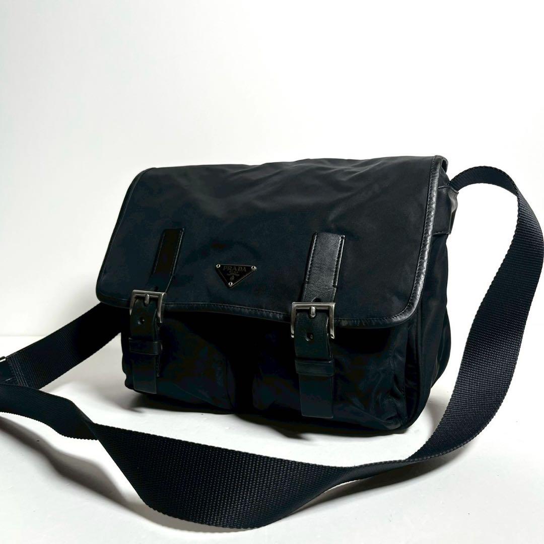 【美品】プラダ メッセンジャーバッグ クロスボディ テスートナイロン × レザー PRADA プラダ ナイロン テスート サファイアーノ クロスボディ