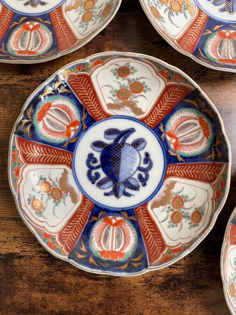 古伊万里　赤絵花図 七寸皿 五客（21.8cm）中皿 大皿 アンティーク