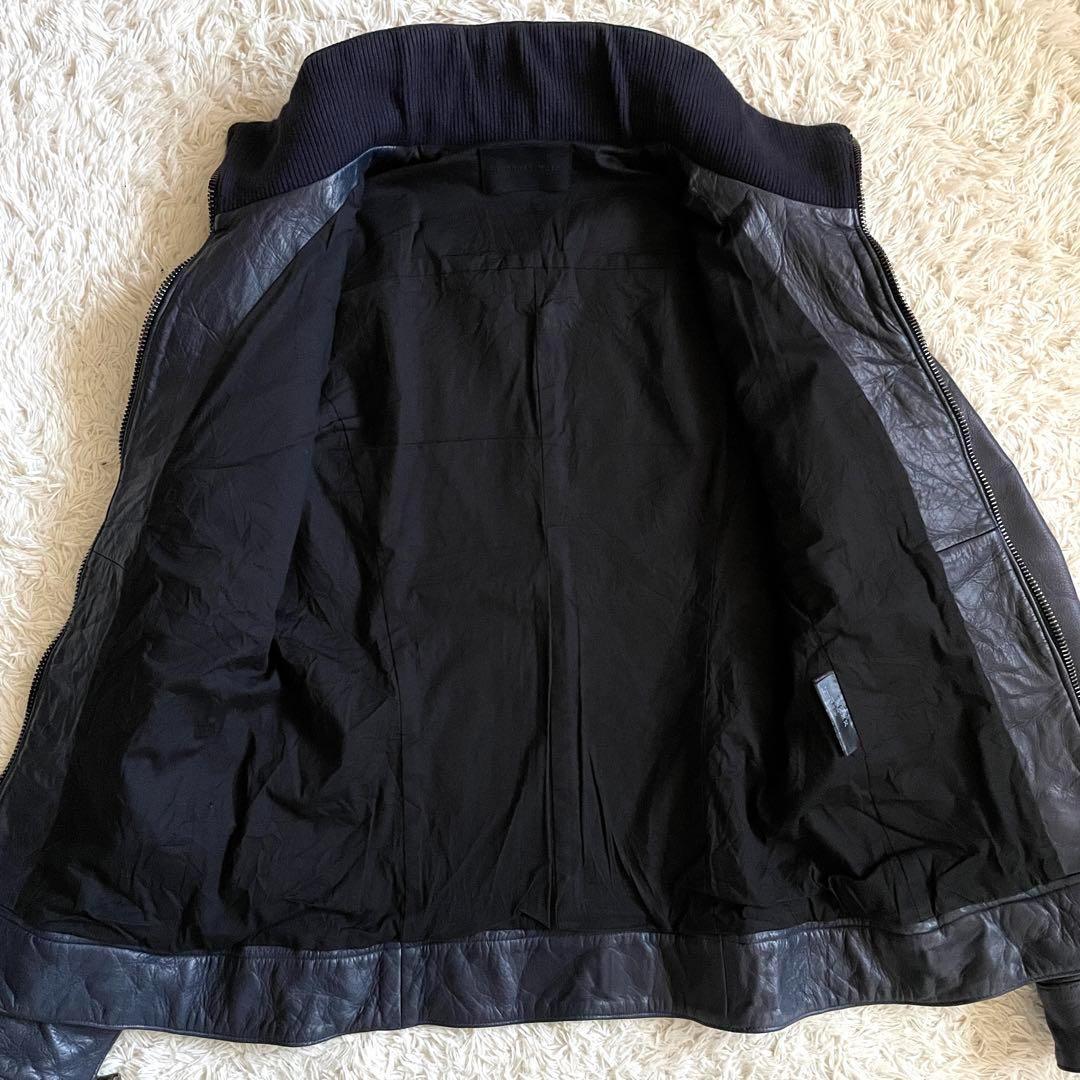 美品】ジュンハシモト インナーライダースジャケット 牛革 シワ加工 紺