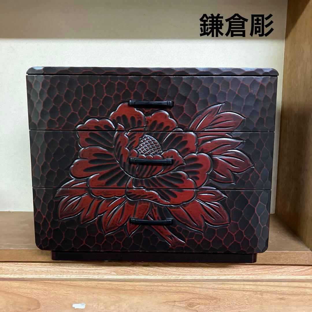 新品 鎌倉彫 ミニチェスト三段引き出し ミニタンス 椿 箪笥 伝統工芸品