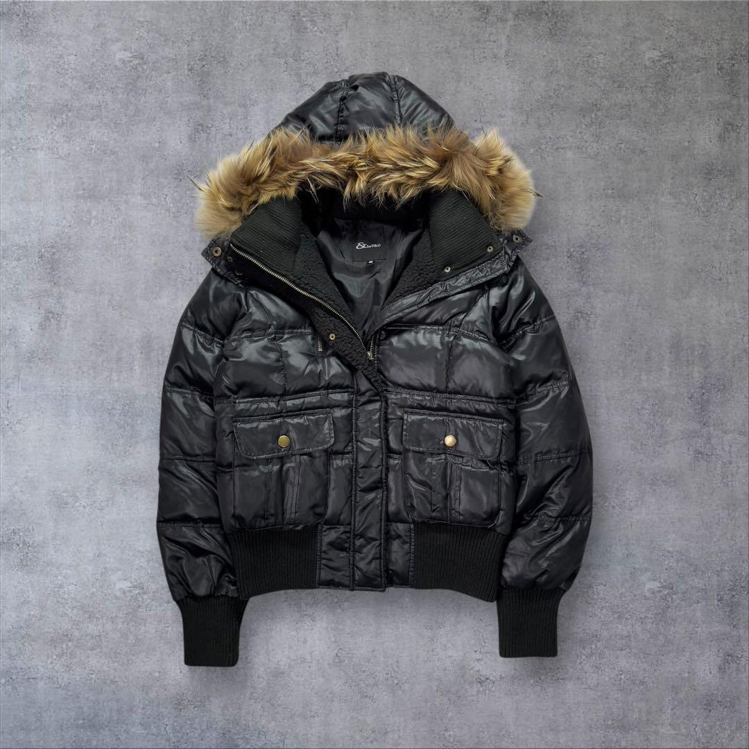 Y2K 短丈 ファーダウン ジャケット 平成ギャル 白ギャル ブラック 黒