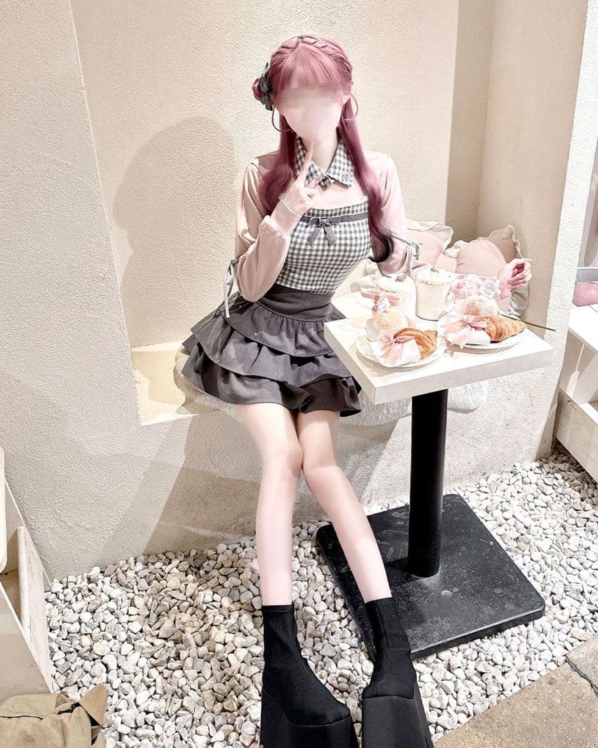 ハニーミュウ リボンスリットギンガムアンサンブルトップス HONEYMEW リボンスリットギンガムアンサンブルトップス ブラック | ファッション