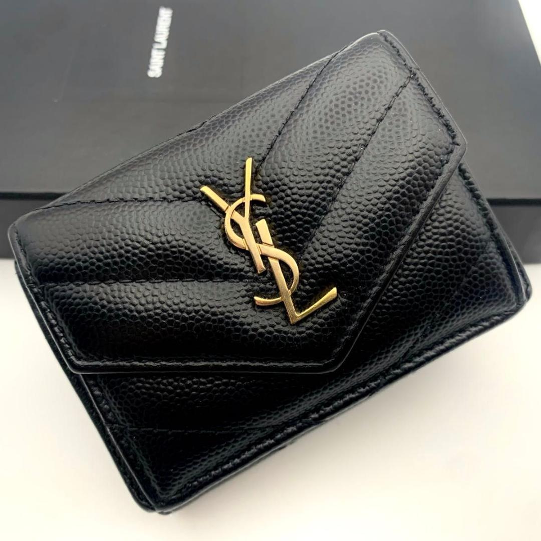 鑑定済み サンローラン 財布 カサンドラ マトラッセ YSL コンパクト 革 黒 SAINT LAURENT サンローラン 二つ折り財布 453276 C9H0U メンズ