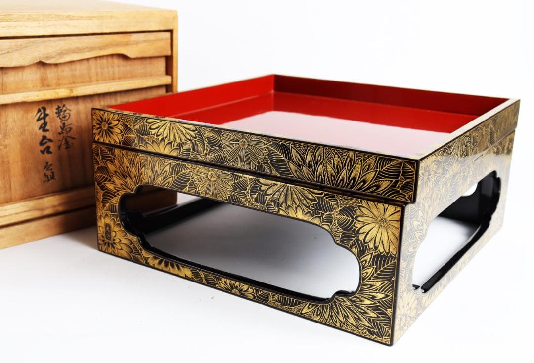 輪島塗 総菊蒔絵 重台 共箱 懐石道具 会席 重箱 輪島塗 未使用 沈金菊文様 二段重箱 慶塚漆器工房 高級輪島塗 真塗重箱