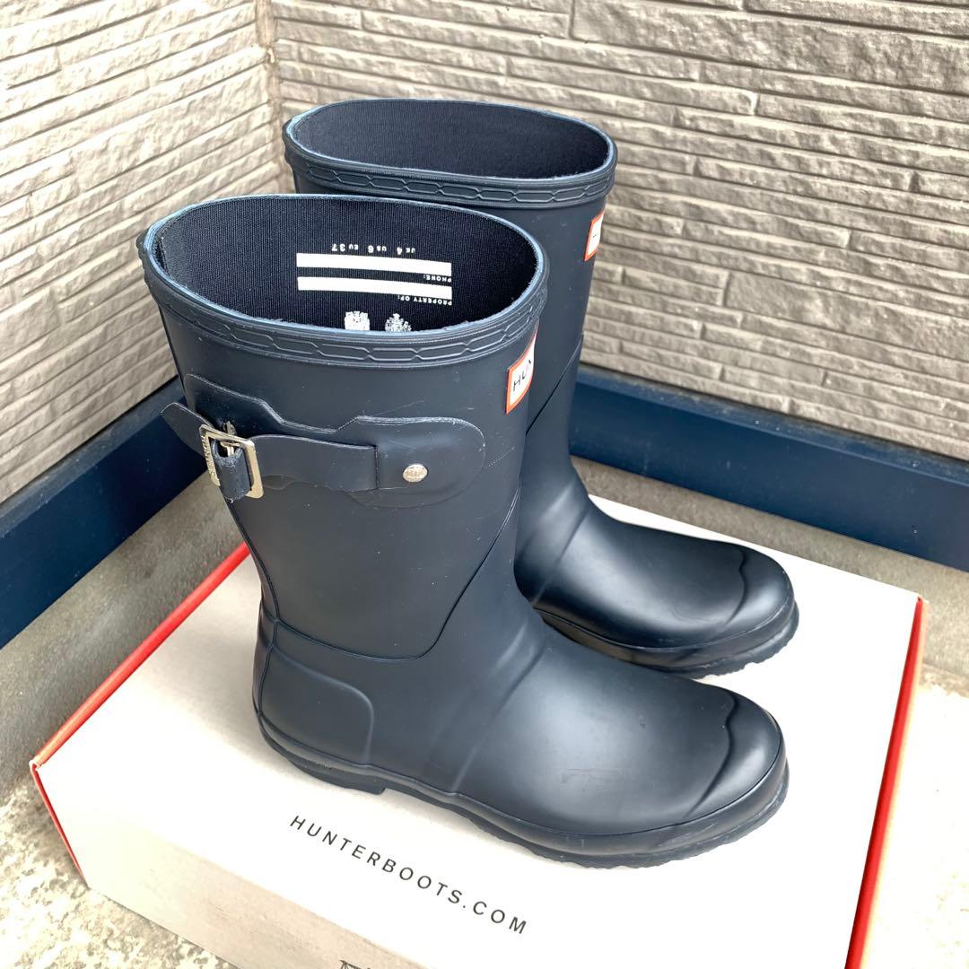 HUNTER ネイビー ショートレインブーツ 長靴 24cm UK4 US6 - メルカリ