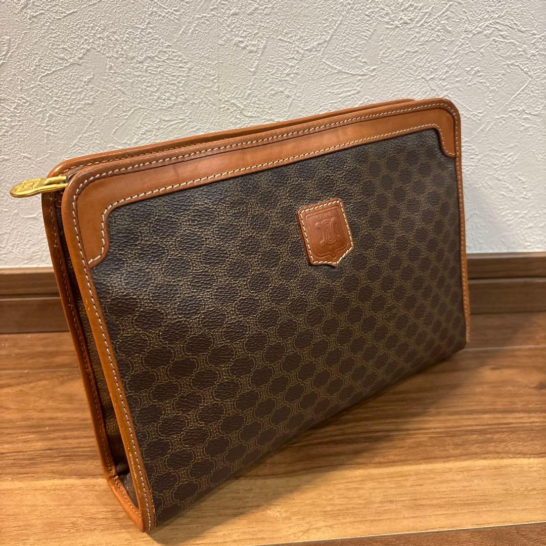 極美品☆【CELINE】セリーヌ セカンドバッグ マカダム柄 PVC/レザー セカンドバッグ クラッチバッグ マカダム柄 PVCレザー 鞄 茶 ブラウン