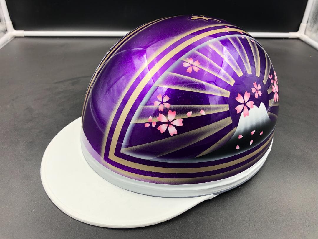 コルク半　カスタム　富士日章　三つボタン　パープルゴールド　ラメ　ぼかし 三つボタン 七色ラメ入り パープルラメ 富士日章 コルク半 ヘルメット