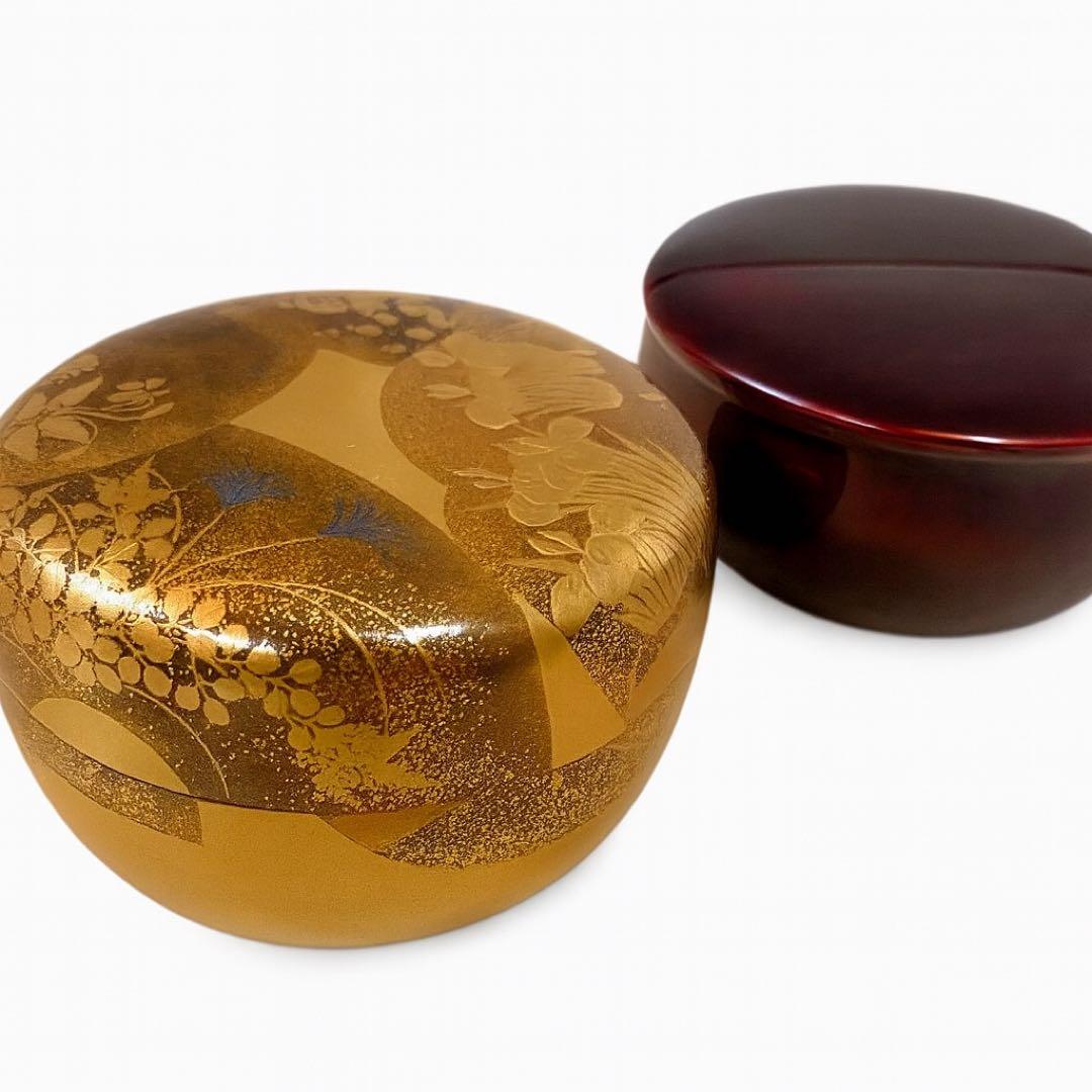 【美品】宗春作 金蒔絵 棗 2点セット 茶道具 なつめ 茶道具 なつめ お薄器 平棗 輪島塗 古城に萩に月 高崎秋峰作 輪島塗り