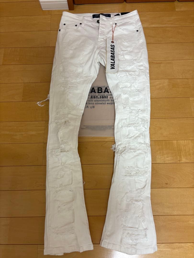 valabasasバラバサス クラッシュリペアスキニーフレアデニム ホワイト