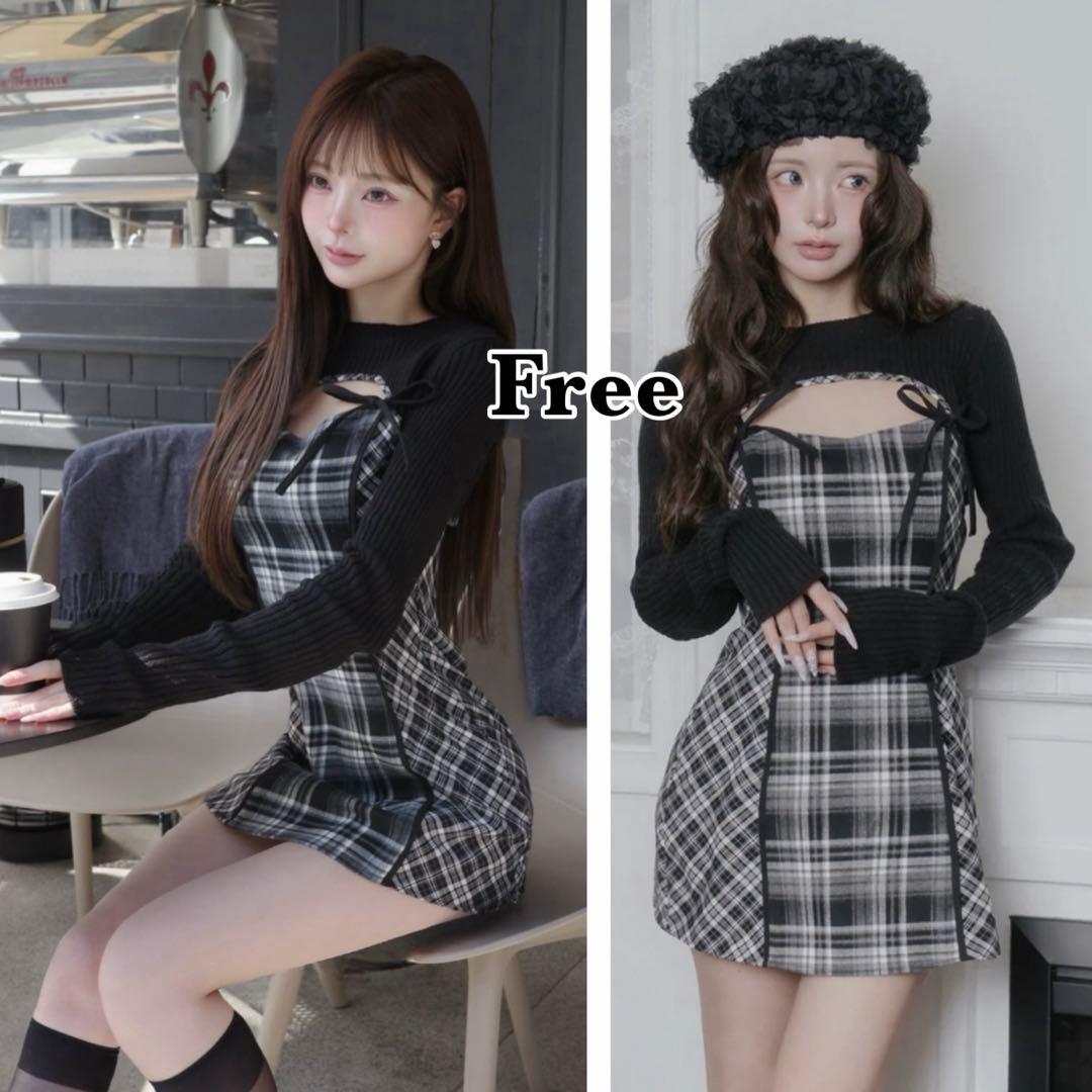 Darich♡ニットボレロダブルチェックミニワンピース (BLK・Free