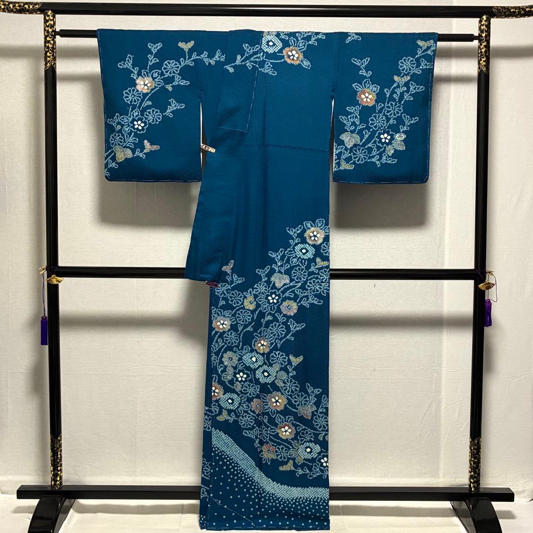 D407 訪問着 絞り ブルー 花模様 正絹 着物 袷 しつけ糸付き未使用極美