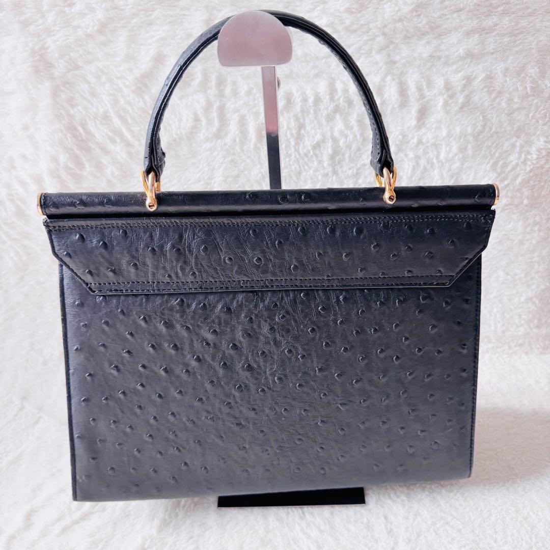 5492 オーストリッチ ハンドバッグ レザー 台形 ゴールド金具 ブラック