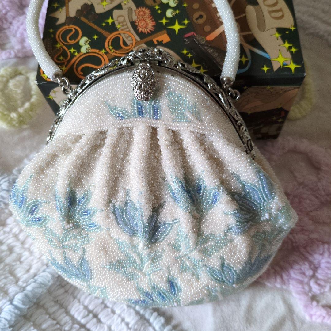 美品 レトロ ピーズバック 白色 Vintage】ビーズ刺繍バッグ Beaded Bag 白×金 孔雀の羽 パーティー