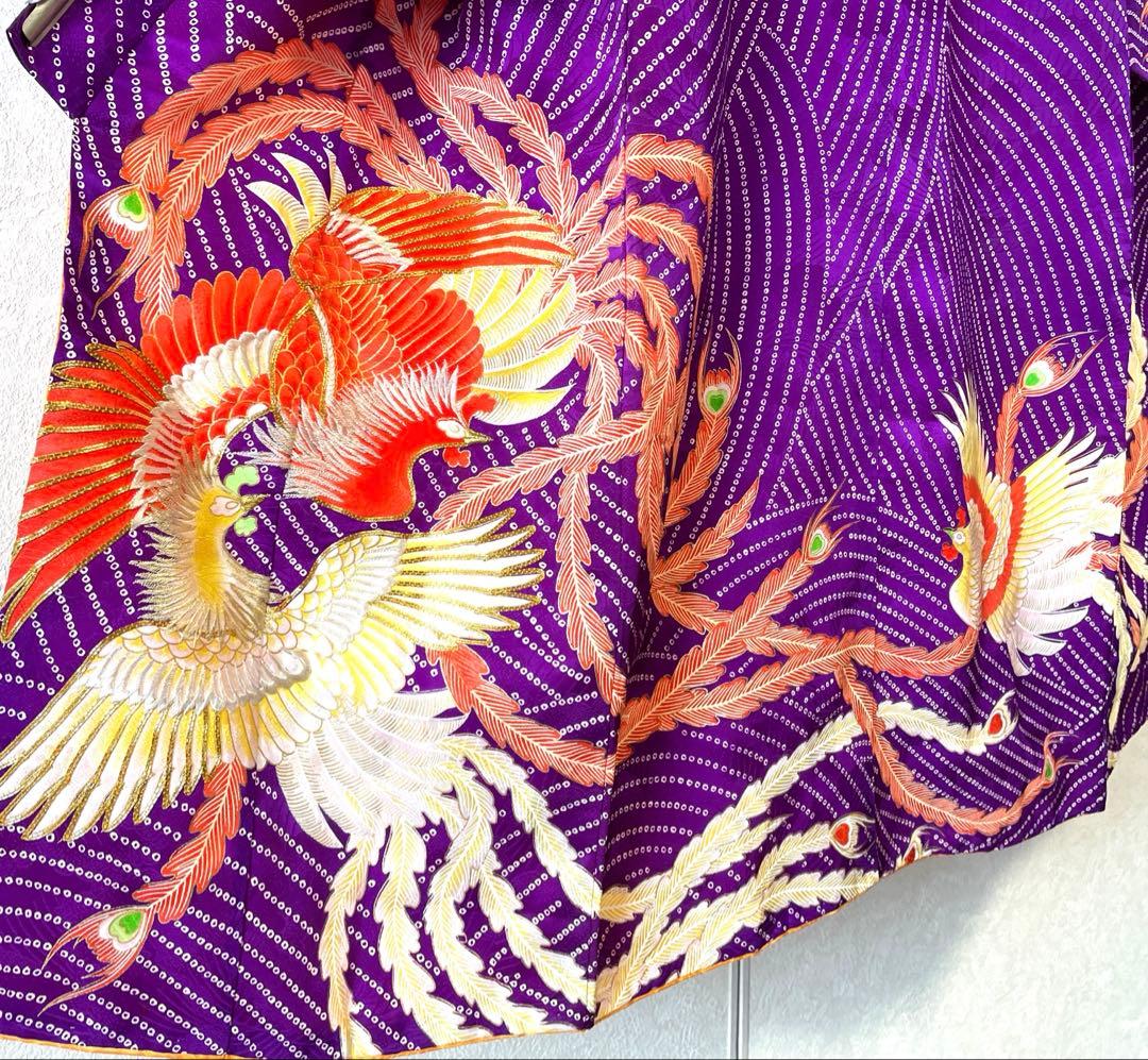 □七五三 正絹女児振り袖着物 鳳凰 金駒刺繍 紫色系 - メルカリ