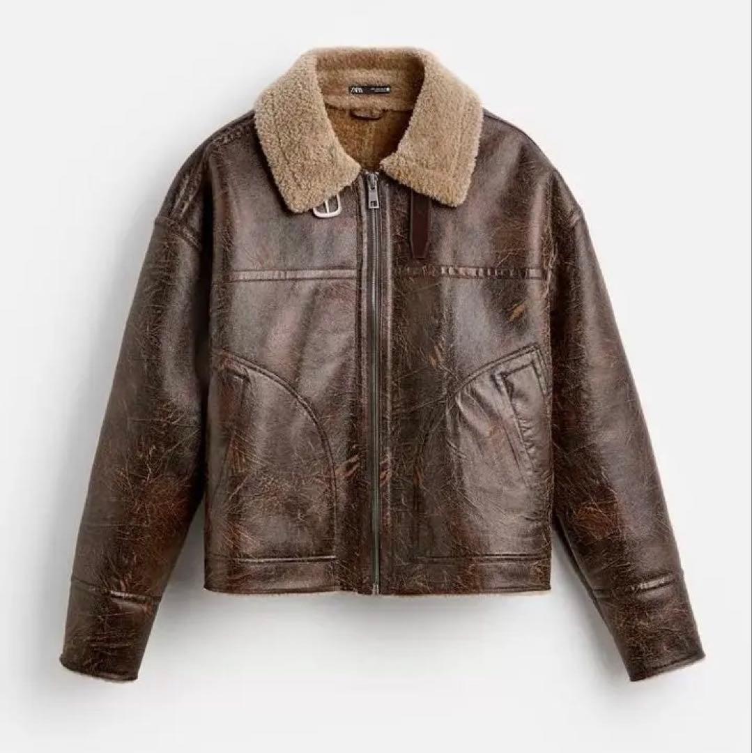 ZARA フェイクレザー ジャケット L ブラウン - メルカリ