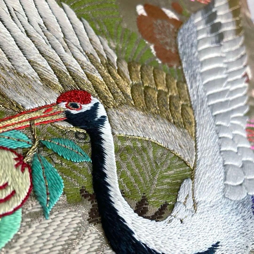 アンティーク名古屋帯　鶴の刺繍　金駒刺繍　上質　正絹　No.2-24